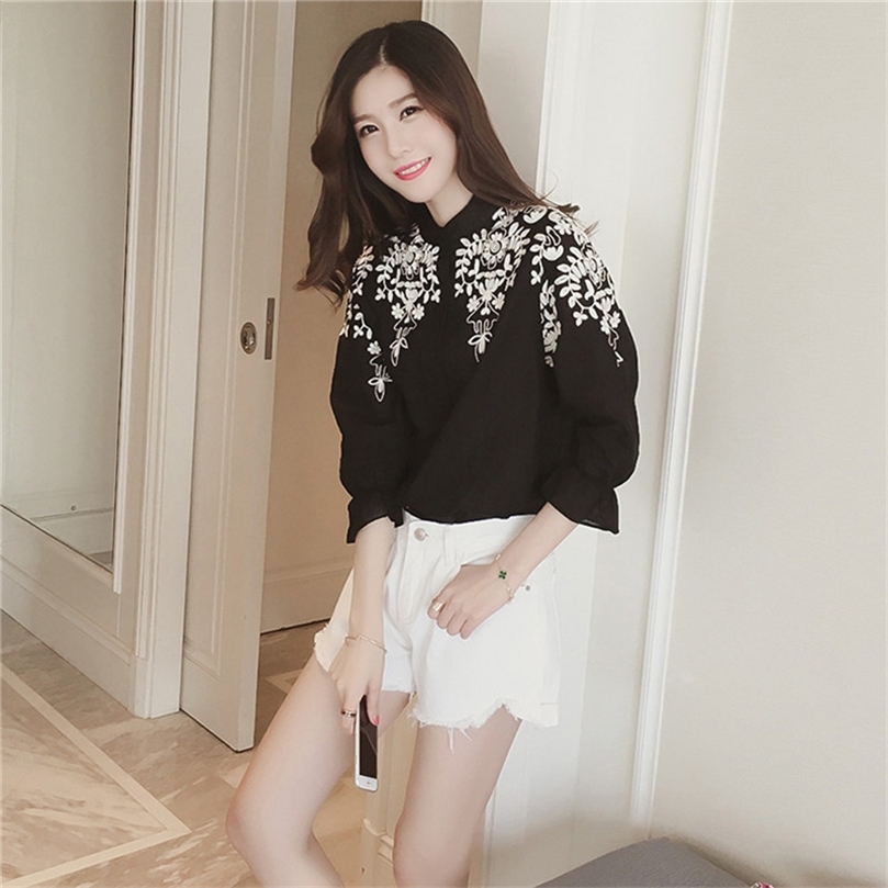 Women's Blouses Shirts Casual Women Girls Embroidery Floral Blouse Loose Long Sleeve Ladies Summer Shirts Puff Sleeve Single Breasted Women Blous