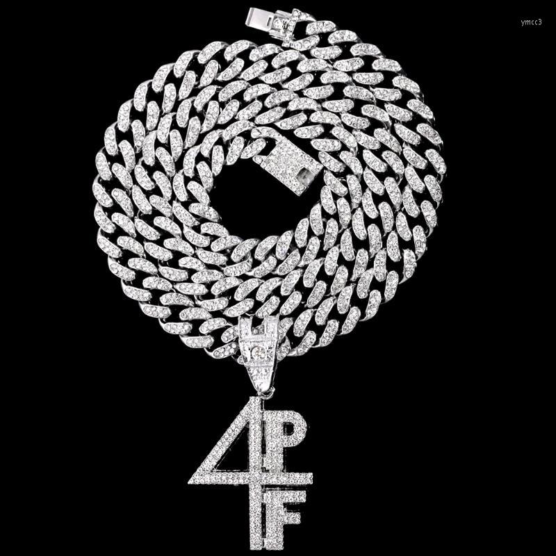 Pendant Necklaces Hip Hop 4PF Letter Crystal Necklace With 13mm Iced Out Rhinestone Cuban Link Chain For Women Men Punk Jewelry