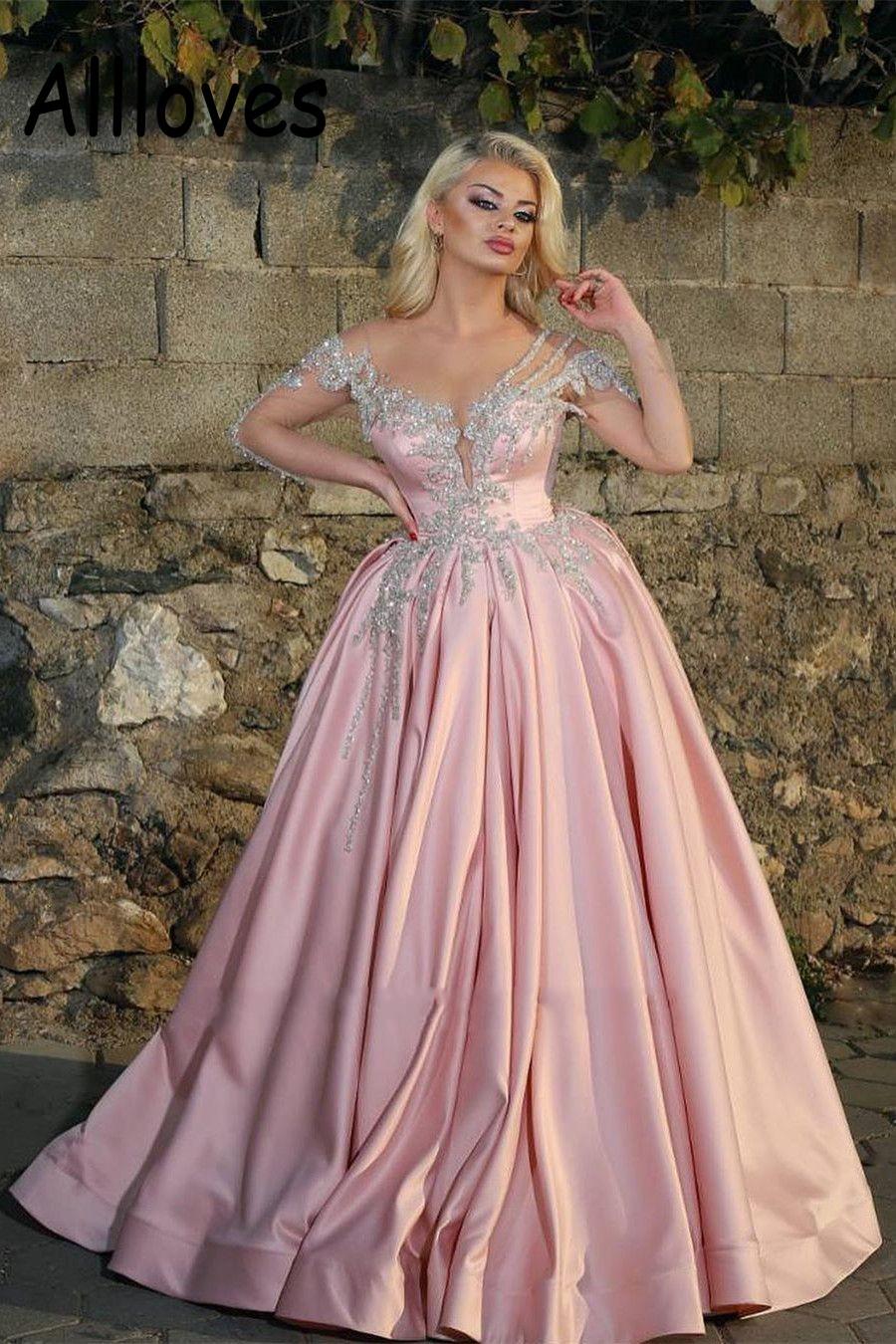 Sexy Vintage Pink Quinceanera Dresses Jewel Neck Illusion Sier Crystal Beads Long Sleeves Satin Sweet 16 Party Prom Dress Evening Gowns 403 6660311