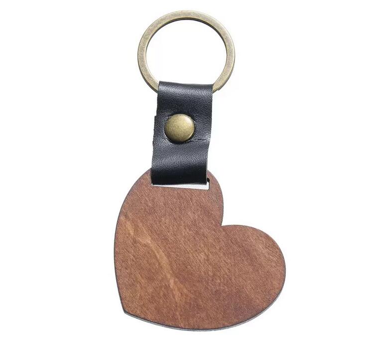 DIY Wooden Keychain Blank Carved Leather Wood Keychain Pendant Luggage Decorative Heart Round Key Chain Keyring