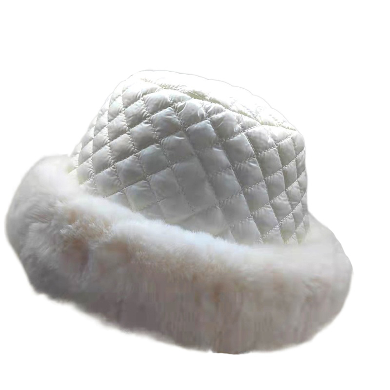 Plaid Down Cotton Cloches Fisherman Hat Women's Autumn Winter Stitching Fluff Thickened Warm Basin Hat Sweet Wild Caps