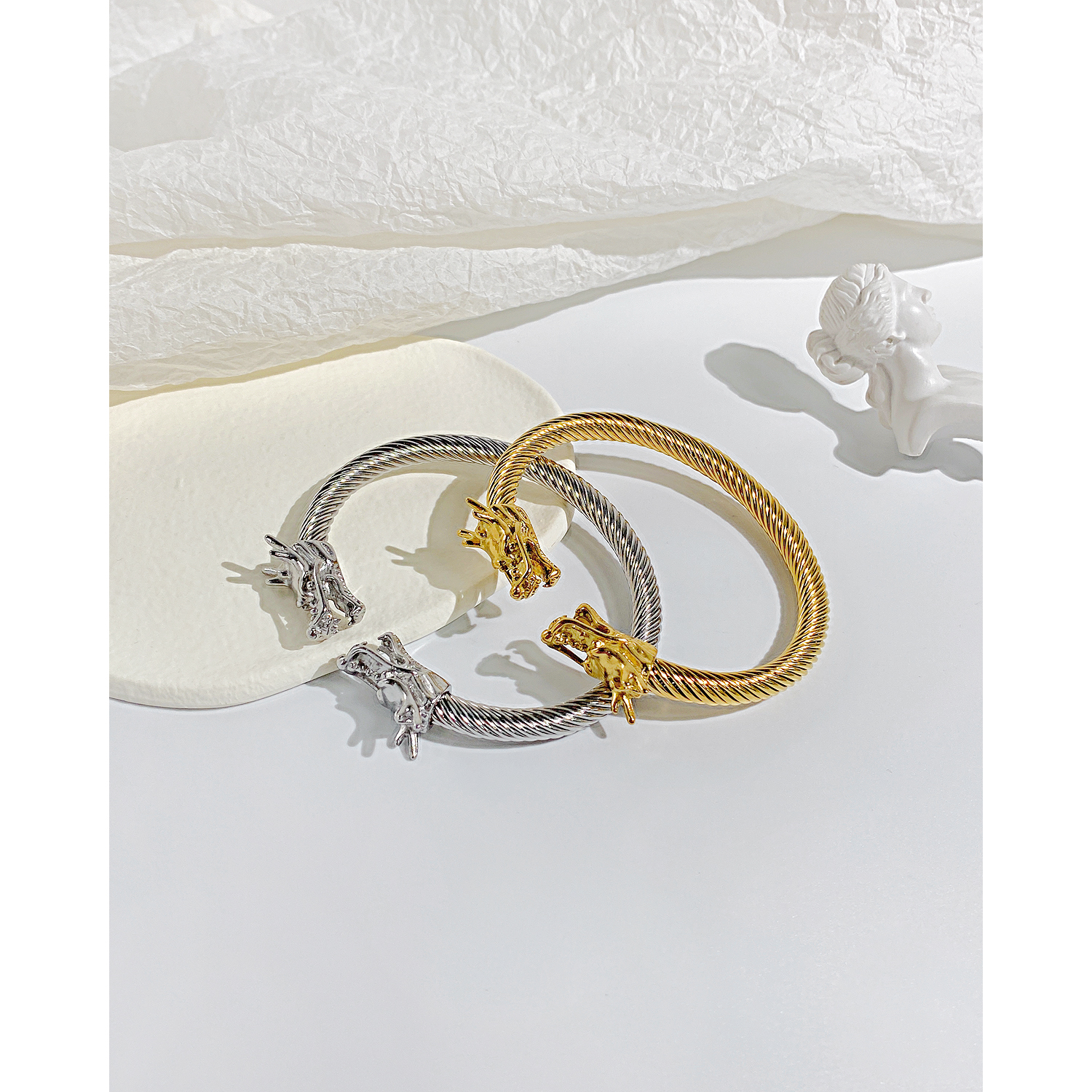 Stainless Steel Dragon End Bangle Cuff Wire Chain Bracelet Personality Hip Hop For Mens jewelry silver gold