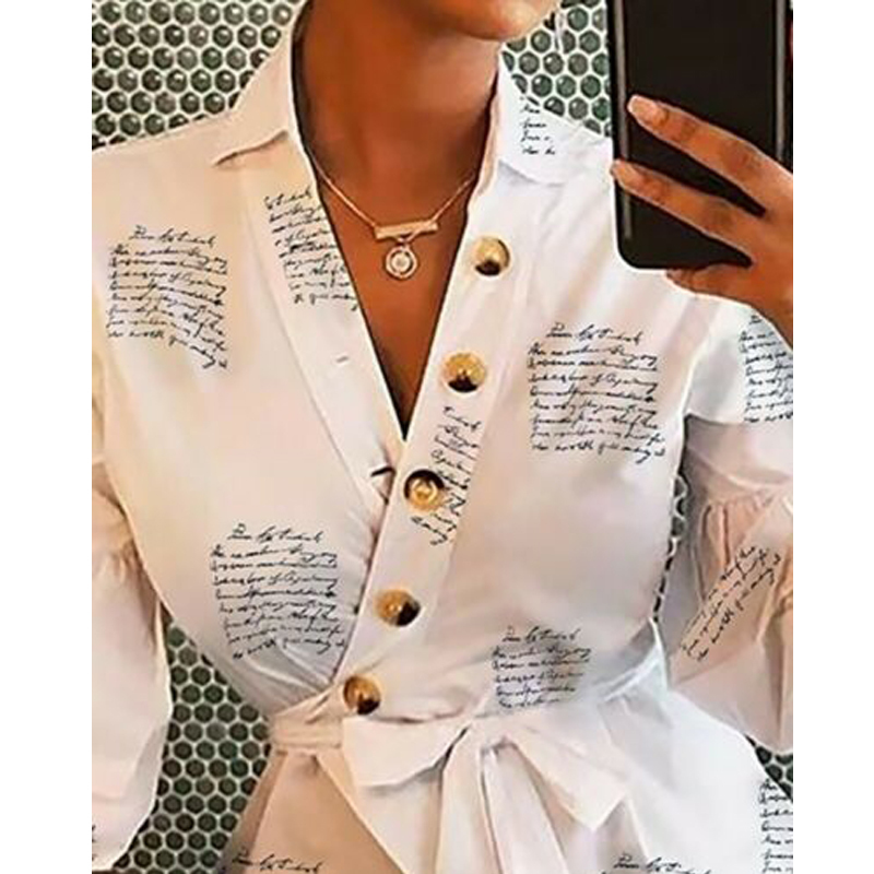 Women's Blouses Shirts Women Elegant Blouses Long Puff Sleeve V Neck Letetr Print White Tops Blouses Shirts Bandage Outfits Clothes 220826