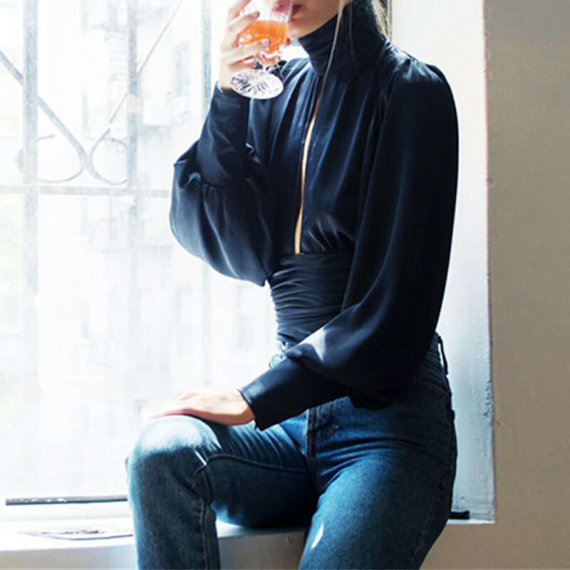 Women's Blouses Shirts Women Shirt Sexy Hollow Satin BlouseAutumn Solid Backless Color turndown Casual Long Sleeve Office Lady Backless Top SXL 2