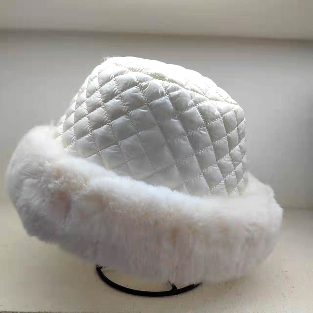 Plaid Down Cotton Cloches Fisherman Hat Women's Autumn Winter Stitching Fluff Thickened Warm Basin Hat Sweet Wild Caps