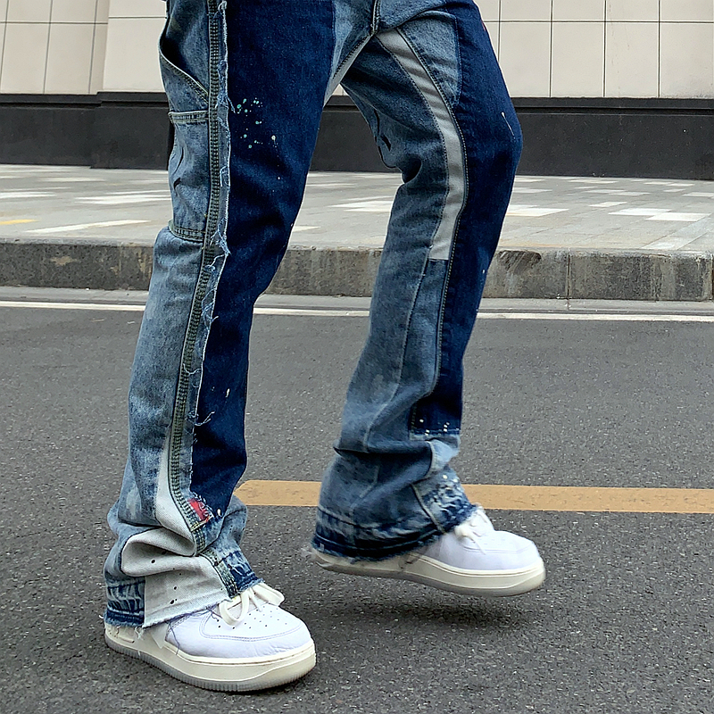 Men's Jeans Vintage Distressed Splash Ink Flare Jeans Mens Streetwear Patchwork Hip Hop Graffiti Heavy Wash Blue Slim Fit Denim Pants Men 220827