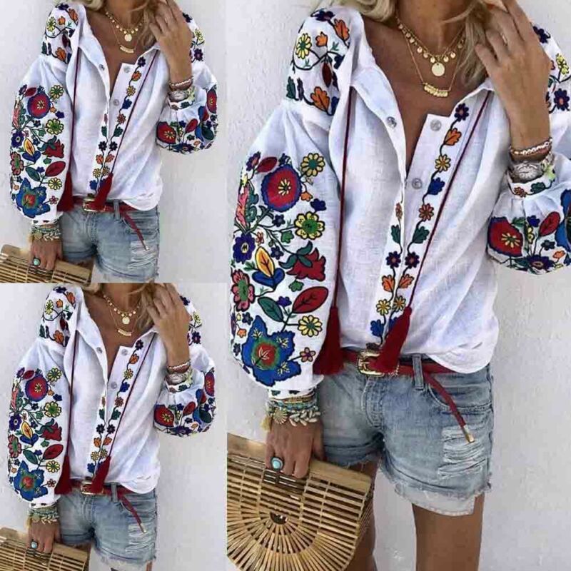 Women's Blouses Shirts Women Casual Flower Cotton Linen Button Long Lantern Sleeve Shirt Blouse Tunic Tops Holiday Beach Wear National Feature Bl