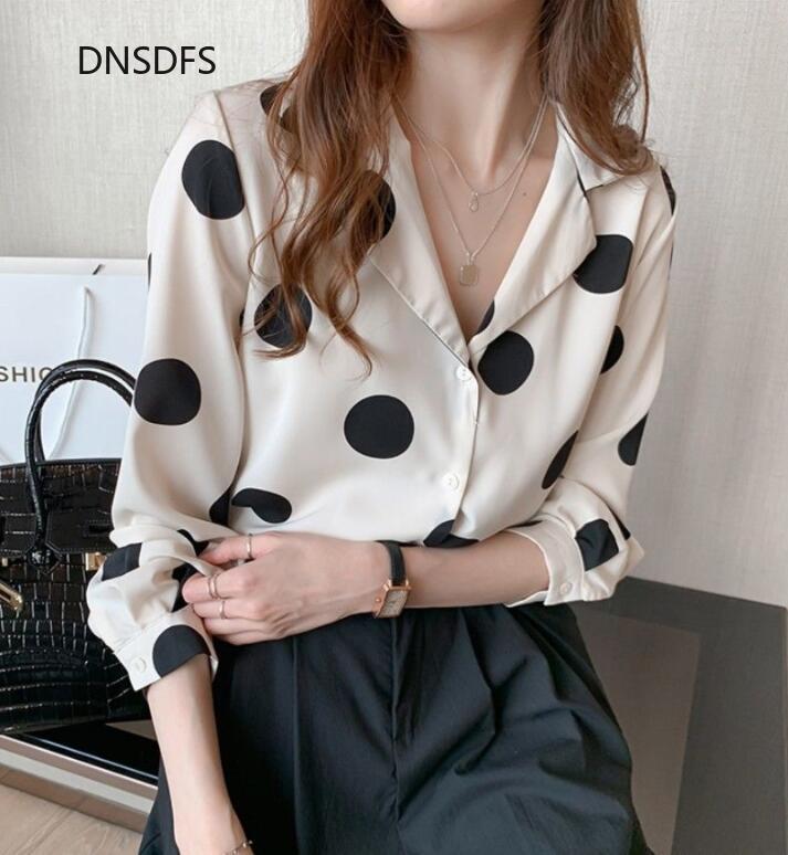 Women's Blouses Shirts Dot Printed Shirts Office Spring Autumn Blouse Women Fashion Long Sleeve Chiffon Shirt Korean Simple Notched Neck Tops 220