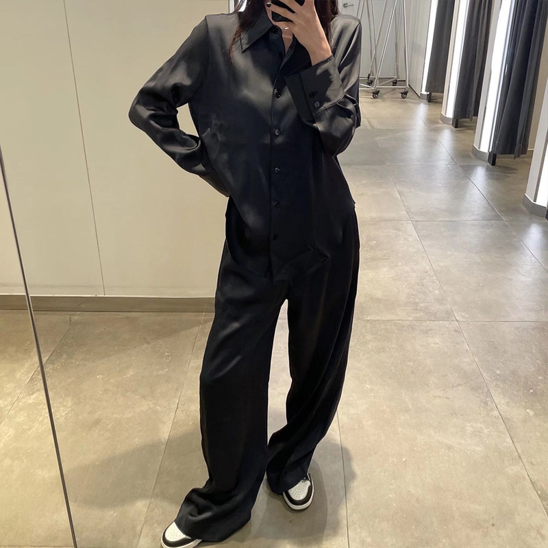 Women's Sleep Lounge Spring Satin Texture Loose Sleepwear Women's Silk Black Pajamas Set 2 Pieces Long Sleeve Pants Casual Pijamas Women Hom