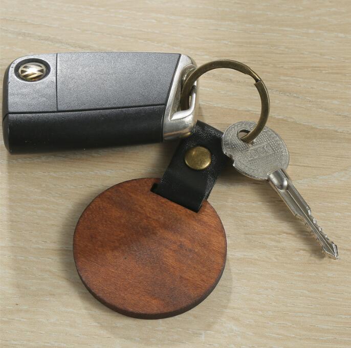 DIY Wooden Keychain Blank Carved Leather Wood Keychain Pendant Luggage Decorative Heart Round Key Chain Keyring