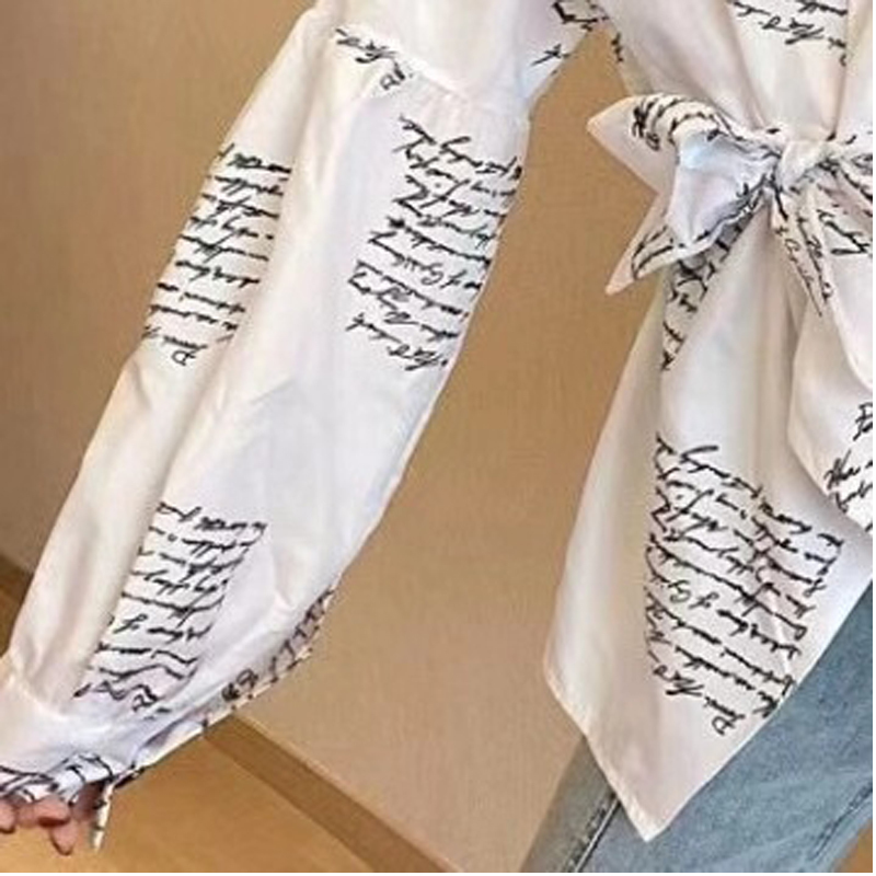 Women's Blouses Shirts Women Elegant Blouses Long Puff Sleeve V Neck Letetr Print White Tops Blouses Shirts Bandage Outfits Clothes 220826