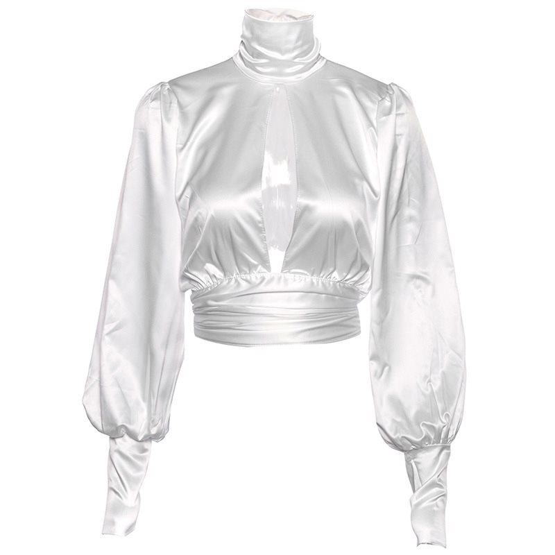 Women's Blouses Shirts Women Shirt Sexy Hollow Satin BlouseAutumn Solid Backless Color turndown Casual Long Sleeve Office Lady Backless Top SXL 2