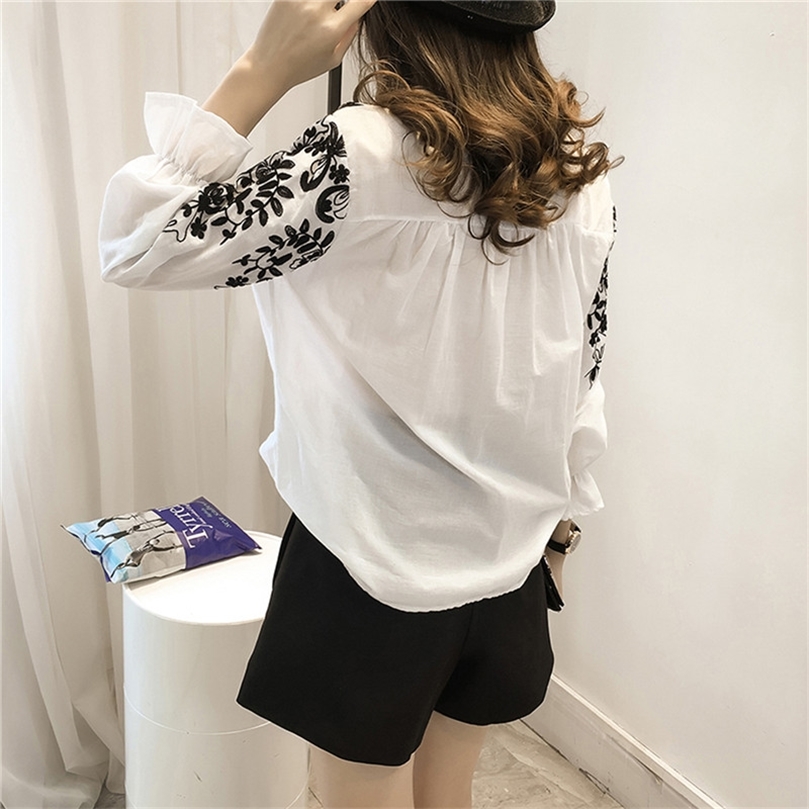 Women's Blouses Shirts Casual Women Girls Embroidery Floral Blouse Loose Long Sleeve Ladies Summer Shirts Puff Sleeve Single Breasted Women Blous
