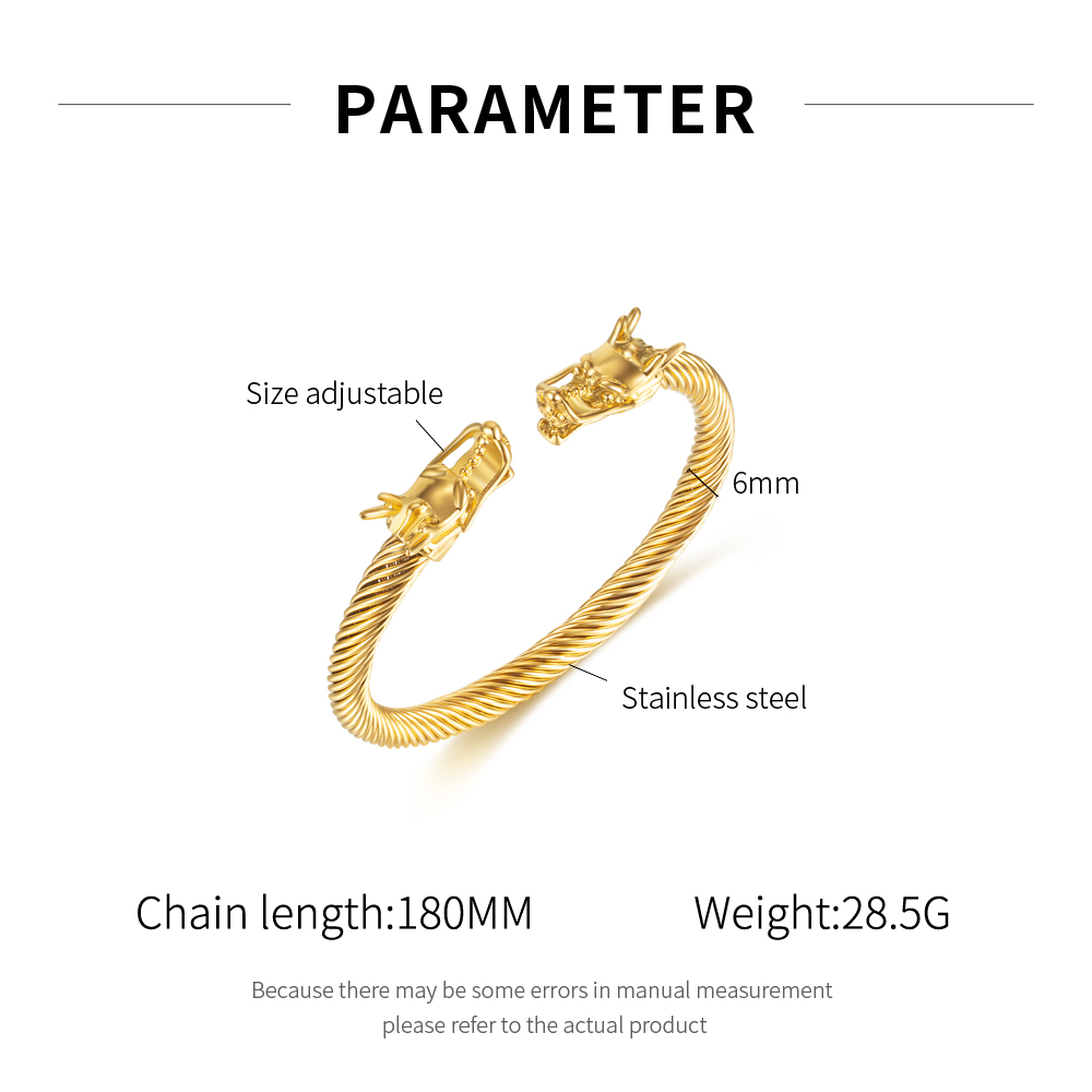 Stainless Steel Dragon End Bangle Cuff Wire Chain Bracelet Personality Hip Hop For Mens jewelry silver gold