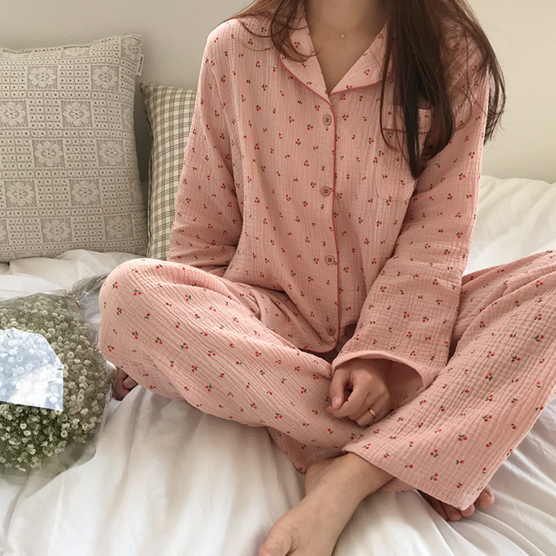 Women's Sleep Lounge Cotton Linen Sleepwear Set Sweet Cute Cherry Print Pajamas Vintage Kawaii Notched Pocket Home Suit ShirtTrousers Button S890