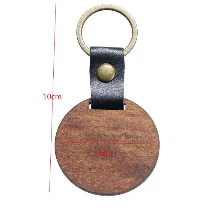DIY Wooden Keychain Blank Carved Leather Wood Keychain Pendant Luggage Decorative Heart Round Key Chain Keyring