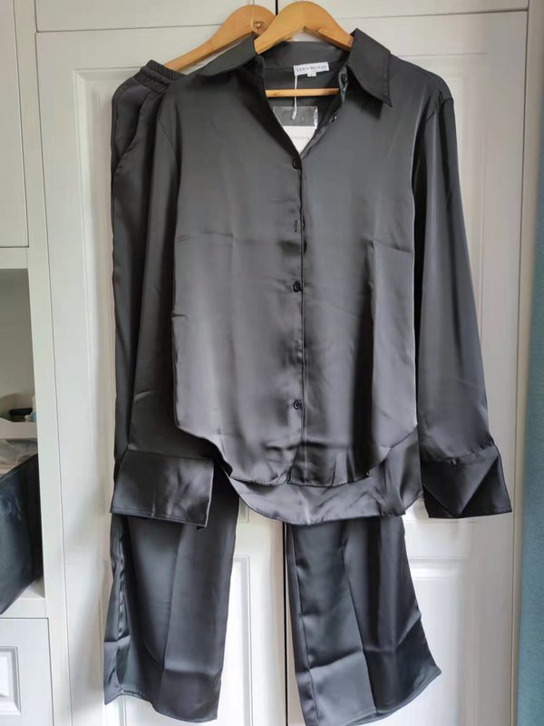 Women's Sleep Lounge Spring Satin Texture Loose Sleepwear Women's Silk Black Pajamas Set 2 Pieces Long Sleeve Pants Casual Pijamas Women Hom