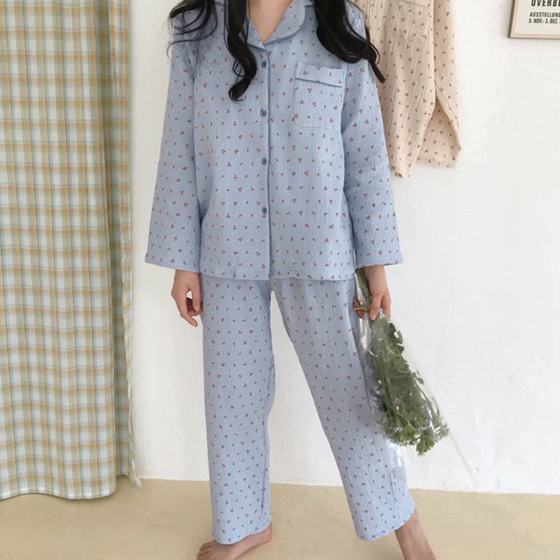 Women's Sleep Lounge Cotton Linen Sleepwear Set Sweet Cute Cherry Print Pajamas Vintage Kawaii Notched Pocket Home Suit ShirtTrousers Button S890