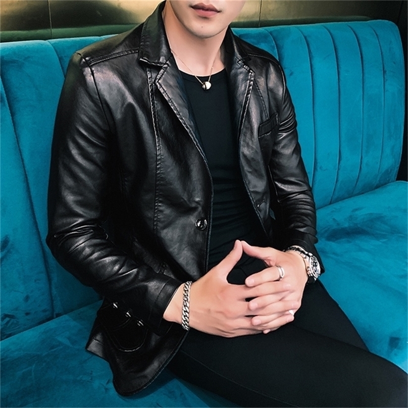 Men's Leather Faux Dress Suit Coat men's jackets Business leather Pu Blazers Korean style slim thin trend 220826