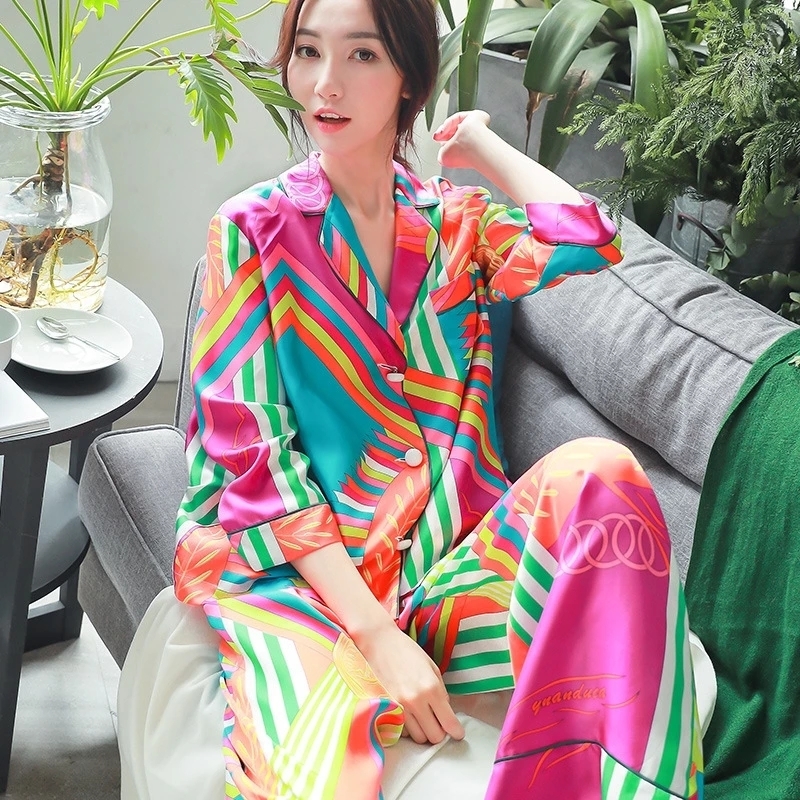 Women's Sleep Lounge Women Silk Pajamas Autumn Korean Fashion Sleepwear Loose Cardigan Long Sleeves Pants Set 2 Piece Sexy Satin Pyjamas Home Clo