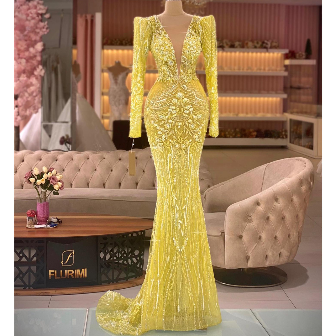 Yellow Evening Dresses Long Sleeves Deep V Neck Lace Floor Length Hollow Sparkling Beaded Appliques 3D Sequins Sexy Fashion Plus Size Celebrity Party 