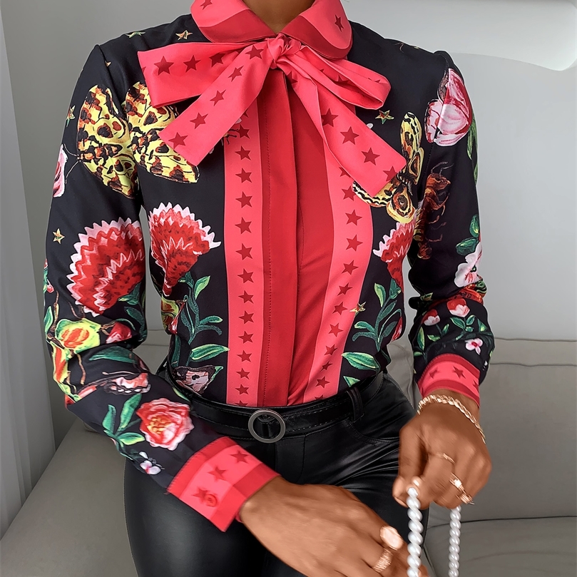 Women's Blouses Shirts Women Casual Autumn Turndown Collar Chic Chiffon Blouse Tie Neck Floral Long Sleeve Blouse Ladies Shirt 220826