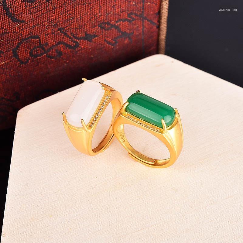 Cluster Rings Natural Hetian Jade Ring 925 Silver Fashion Jewelry Chalcedony Amulet Gifts For Women