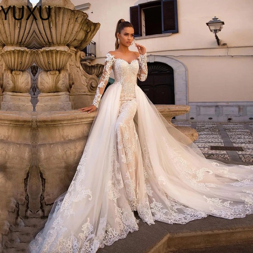 Luxury Mermaid Wedding Dress with Detachable Skirt Appliqued Arabic Trumpet Bridal Gowns Long Sleeves