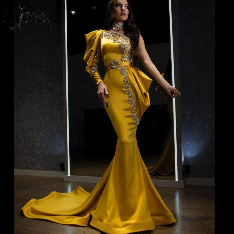 gold Mermaid Evening Dresses Beads Long Sleeves High Neck Birthday Party Prom Gowns cheap prom dress
