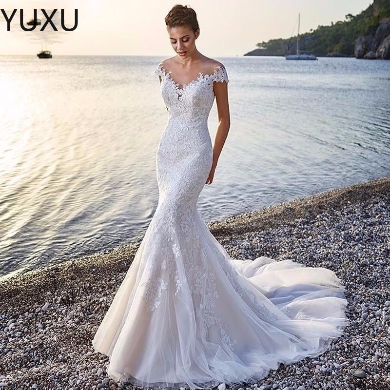 Lace Mermaid Wedding Dresses Country Garden Bohemian Sexy Applique Cap Sleeve Ruched Long Bridal Gowns