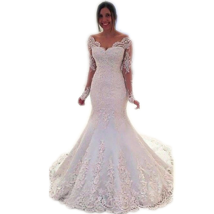 Modern Mermaid Wedding Dress Plus Size Arabic Aso Ebi Lace Beaded Long Sleeves Vintage Bridal Gowns 403