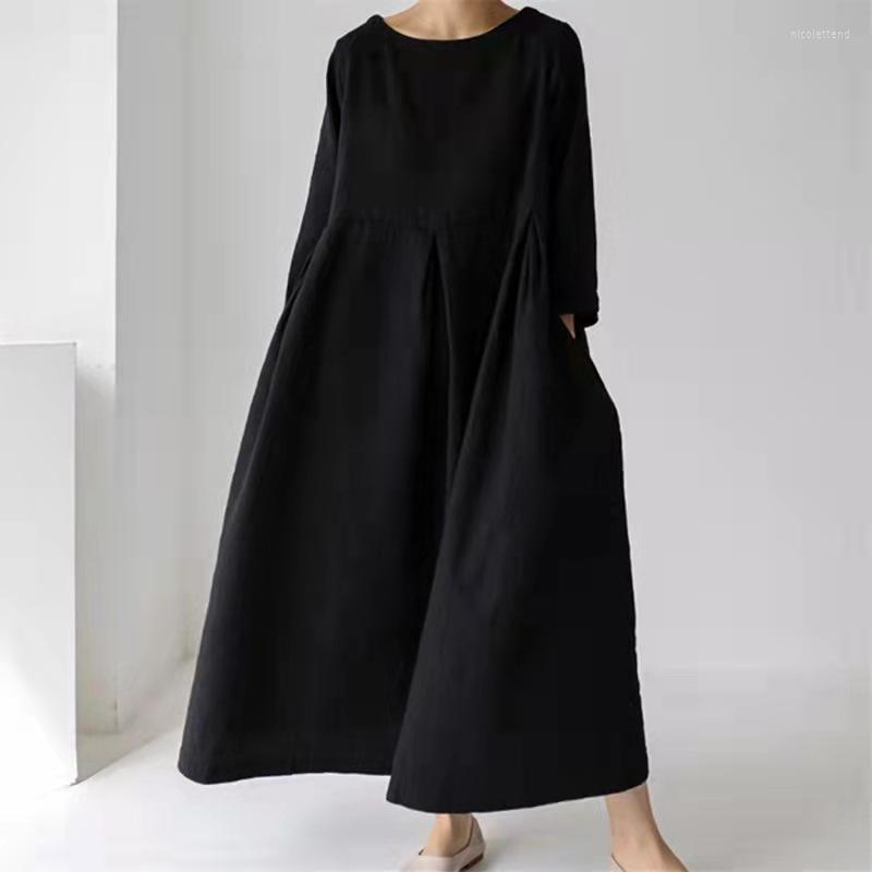 Casual Dresses Loose Maxi Dress 2022 Japanese Korean Cotton Linen O Neck Pullover Solid Long Dess Hem Robe Vestidos Mujer Summer