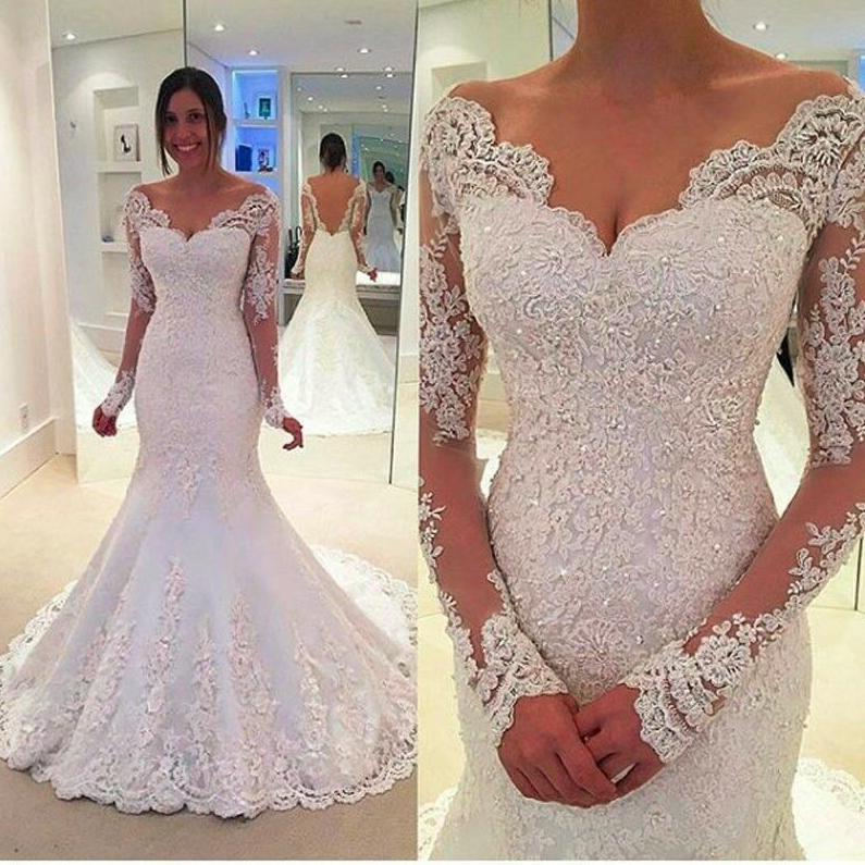 Modern Mermaid Wedding Dress Plus Size Arabic Aso Ebi Lace Beaded Long Sleeves Vintage Bridal Gowns 403