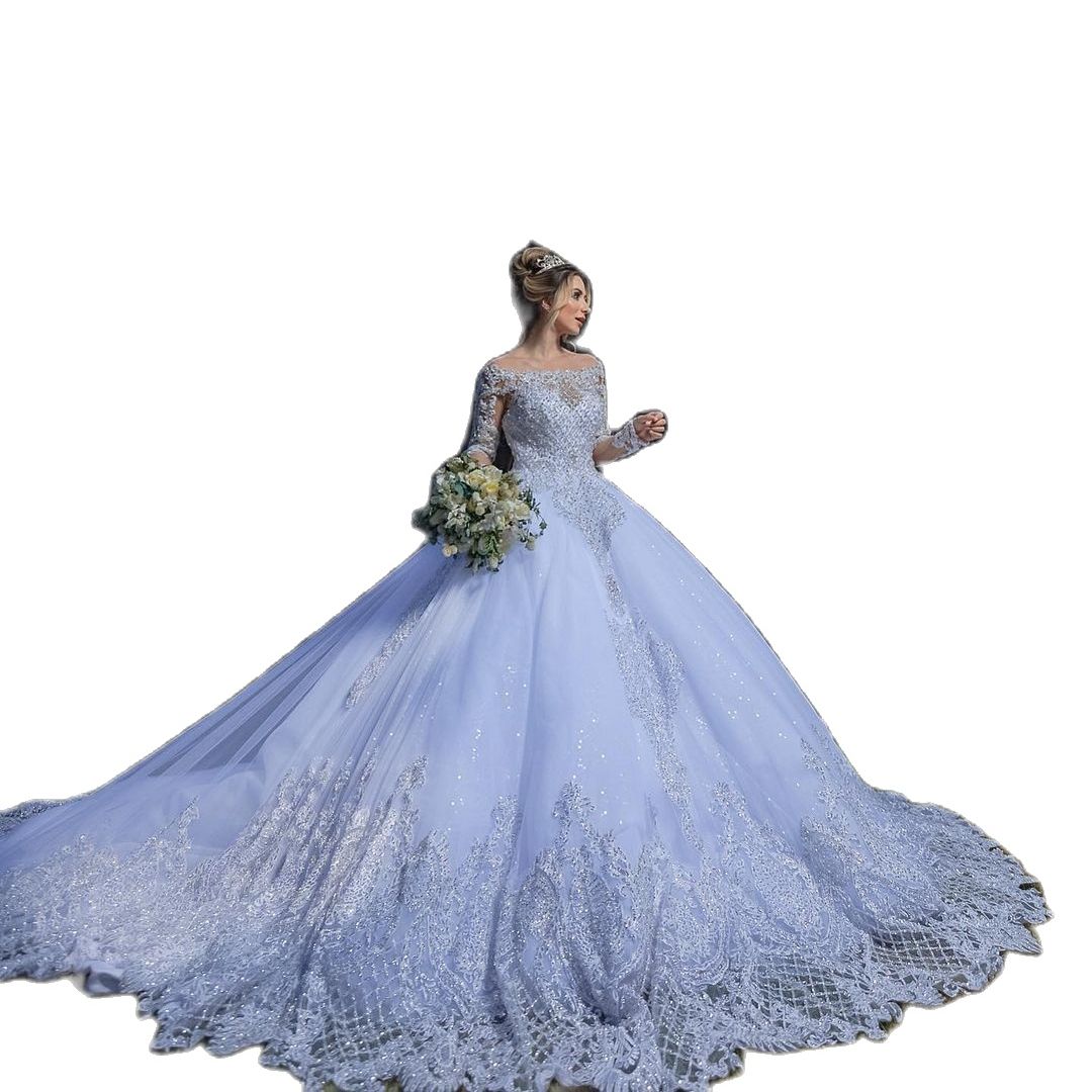 Princess Sparkly Ball Gown Wedding Dress Off Shoulder Lace Beading Long Sleeve Bride Dresses Robe De Mariee Bridal Gowns