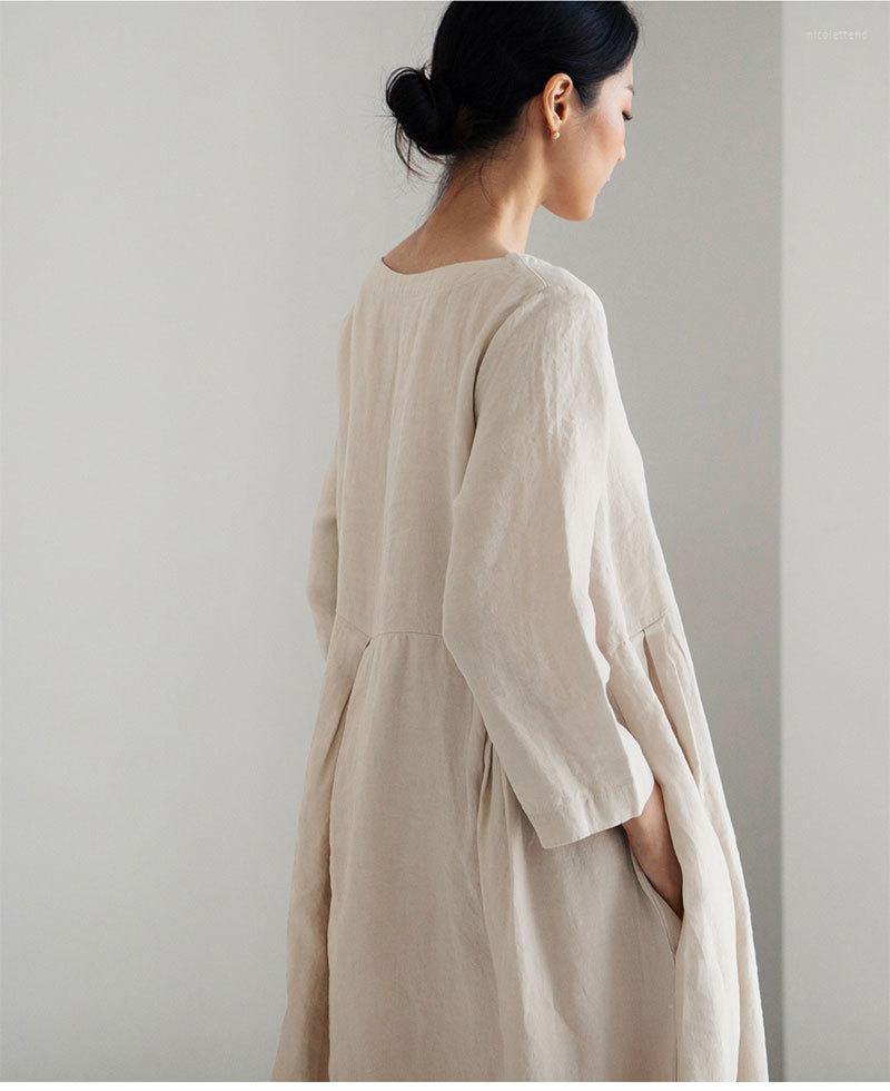 Casual Dresses Loose Maxi Dress 2022 Japanese Korean Cotton Linen O Neck Pullover Solid Long Dess Hem Robe Vestidos Mujer Summer