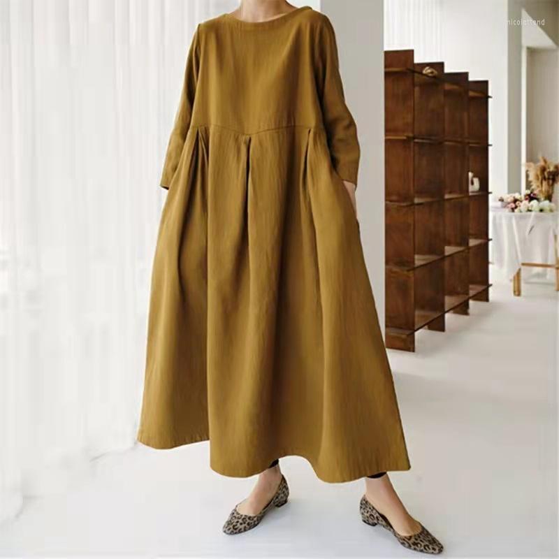 Casual Dresses Loose Maxi Dress 2022 Japanese Korean Cotton Linen O Neck Pullover Solid Long Dess Hem Robe Vestidos Mujer Summer