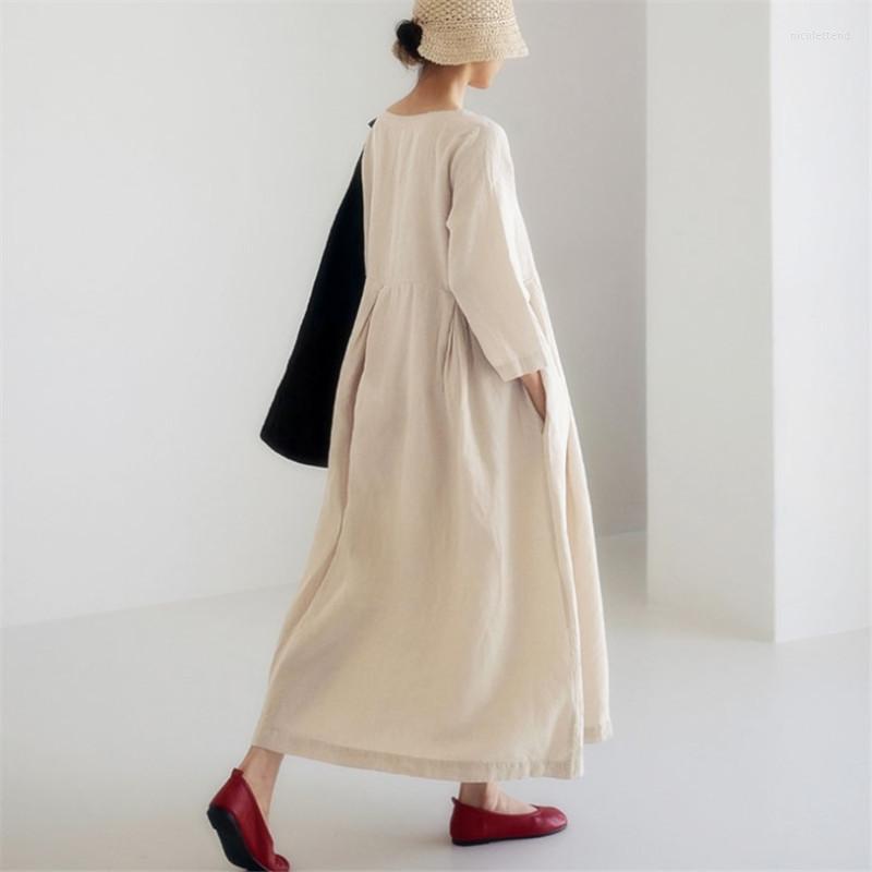 Casual Dresses Loose Maxi Dress 2022 Japanese Korean Cotton Linen O Neck Pullover Solid Long Dess Hem Robe Vestidos Mujer Summer