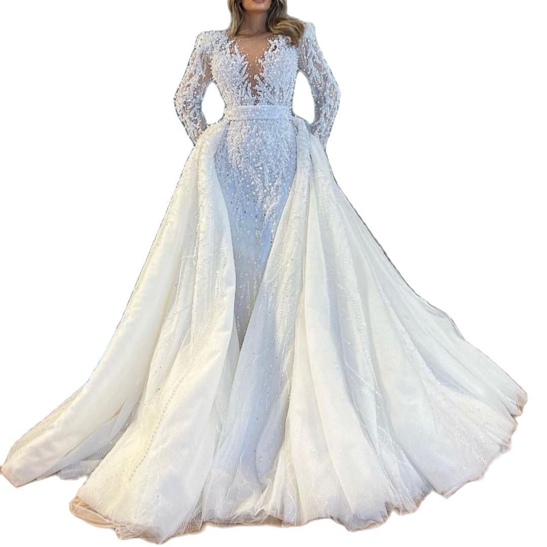 Vintage Full Beads Mermaid Wedding Dress with Detachable Train Sheer Neck Long Sleeve Crystal 3D Lace Appliques Bridal Gowns