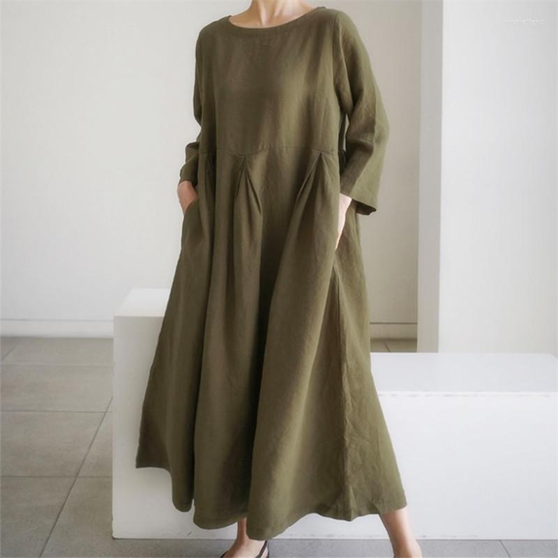 Casual Dresses Loose Maxi Dress 2022 Japanese Korean Cotton Linen O Neck Pullover Solid Long Dess Hem Robe Vestidos Mujer Summer