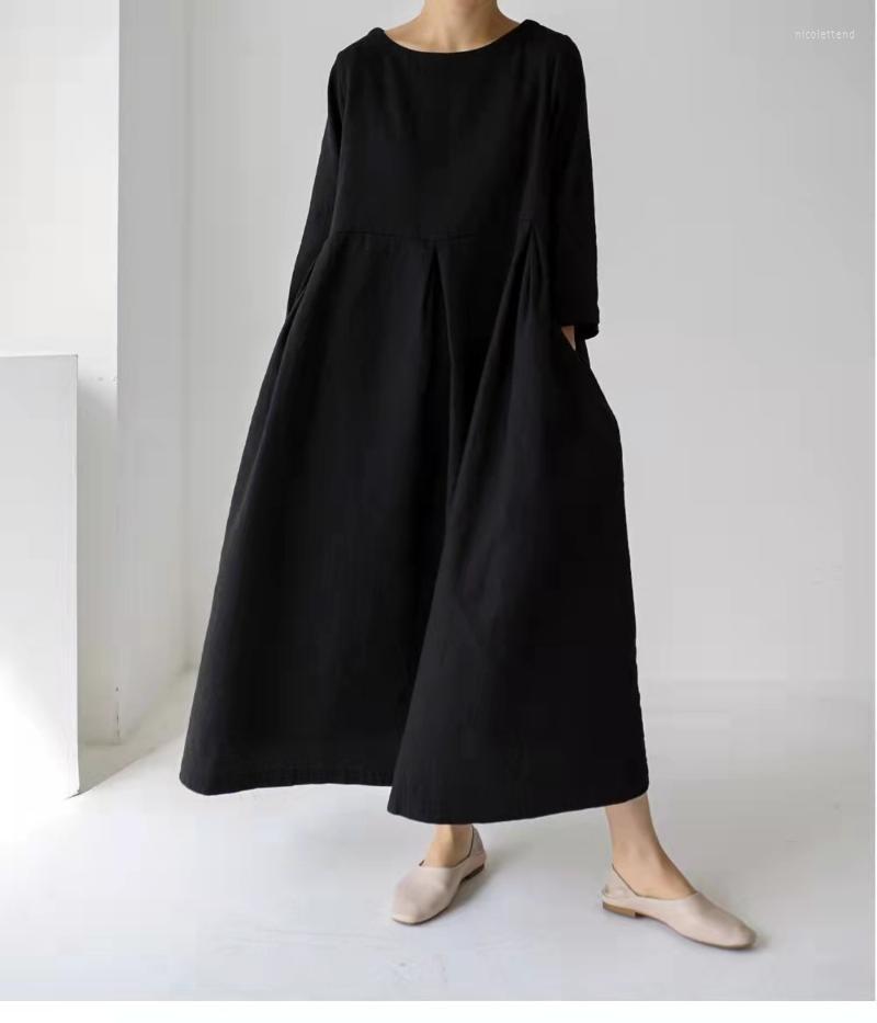 Casual Dresses Loose Maxi Dress 2022 Japanese Korean Cotton Linen O Neck Pullover Solid Long Dess Hem Robe Vestidos Mujer Summer