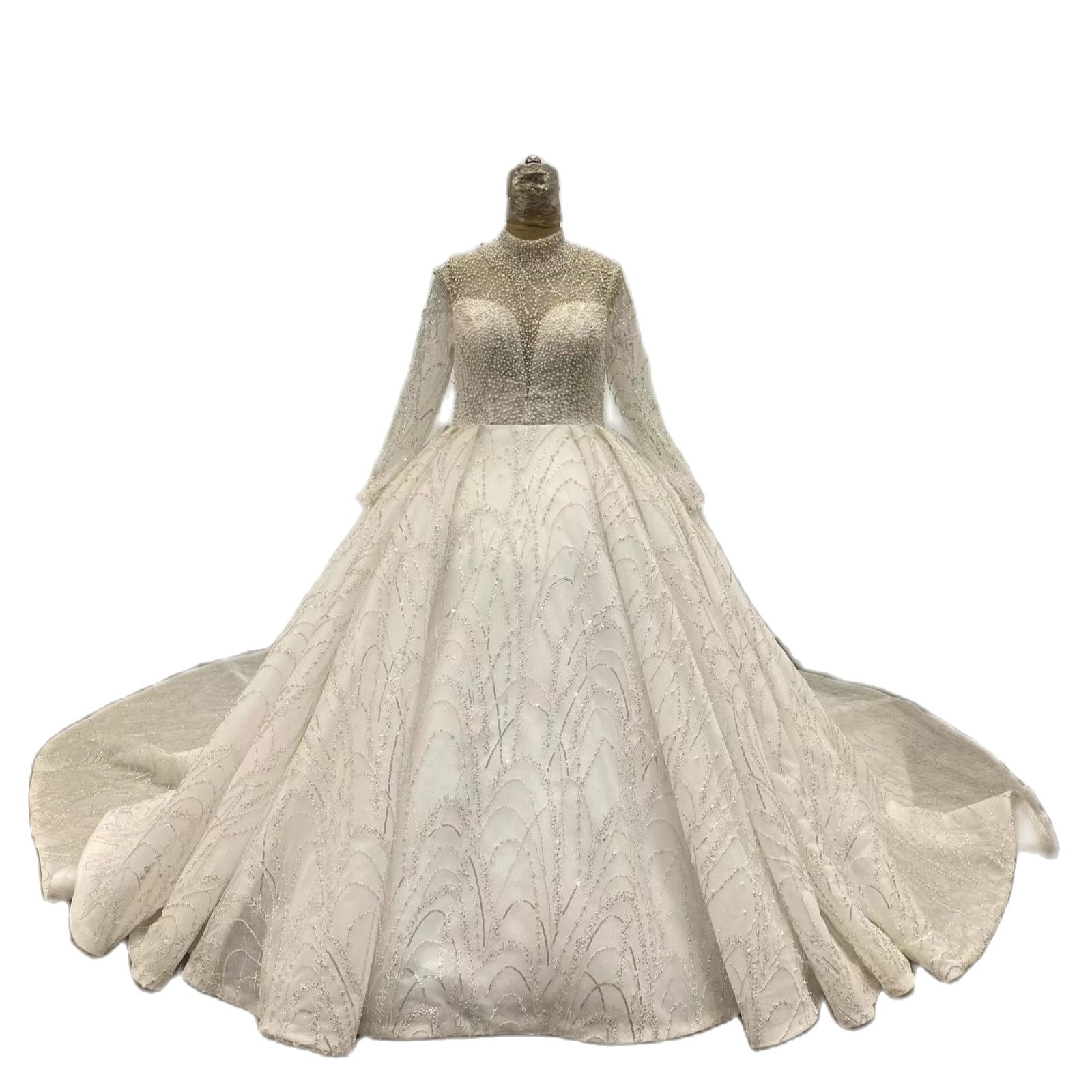 Plus Size Crystal Ball Gown Wedding Dress High Neck Beading Long Sleeve Illusion Tulle Bride Dresses Robe De Mariee Bridal Gowns