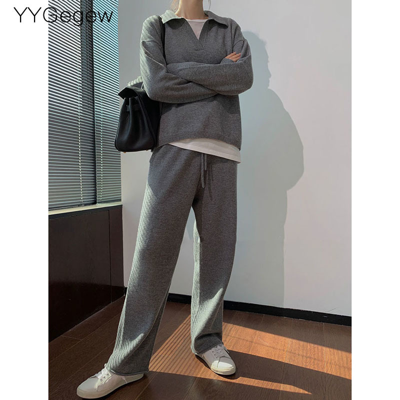Womens Two Piece Pants 2 Pieces Set Women oversize Tracksuit polo collar Sweater Pullover straight pants CHIC Knitted Outwear sweater suit 220829