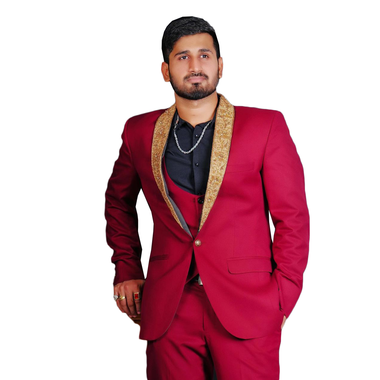 Red Groom Men Wedding Tuxedos Gold Appliques Outfits Costume Homme Mariage Party Prom Blazer Wear 3 Pieces