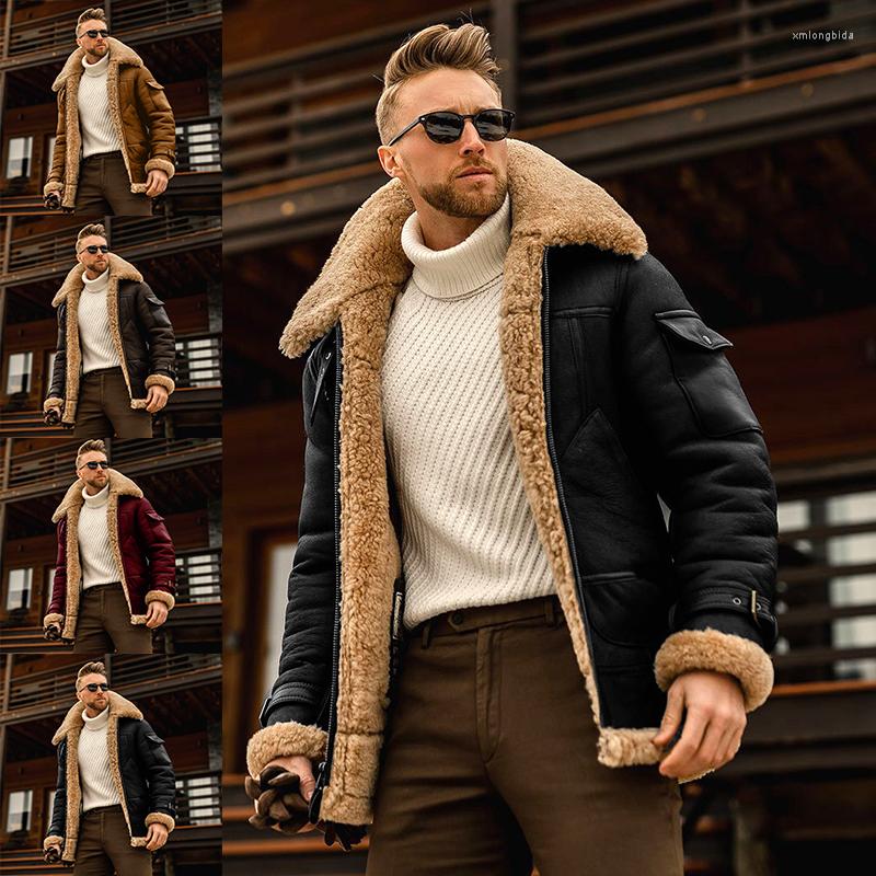 Men's Jackets Men Padded Leather Jacket Fur Lapel Collar Long Sleeve Faux Sheepskin Cashmere Thicken Coat Medieval Vintagewinter