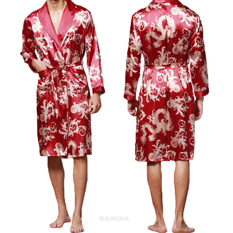 Men's Robes Fashion Bathrobe Silk Kimono Long Sleeves Robe Chinese Lucky Dragon Print Pajamas Gown Homewear Sleepwear 220829