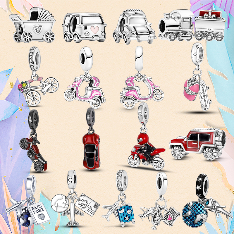 S925 Silver bead fit Charms Charm Bracelet Bicycle Motor Car Charm Stroller Airplane charmes ciondoli DIY Fine Beads Jewelry