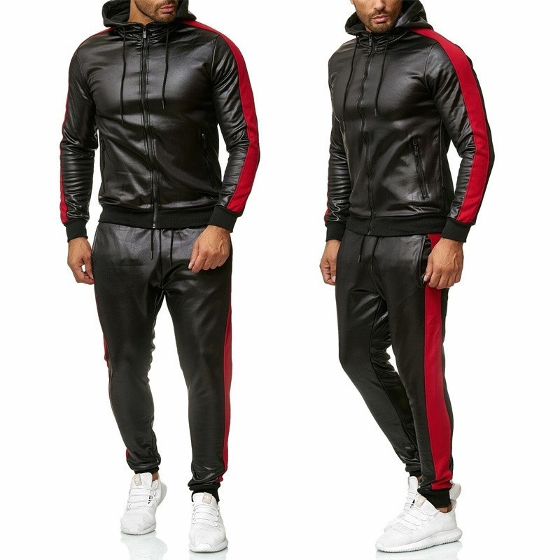 Men s Tracksuits ZOGAA PU Leather Hoodies Set 2 Piece Casual Sweatsuit Hooded Jacket and Pants Jogging Suit 220829