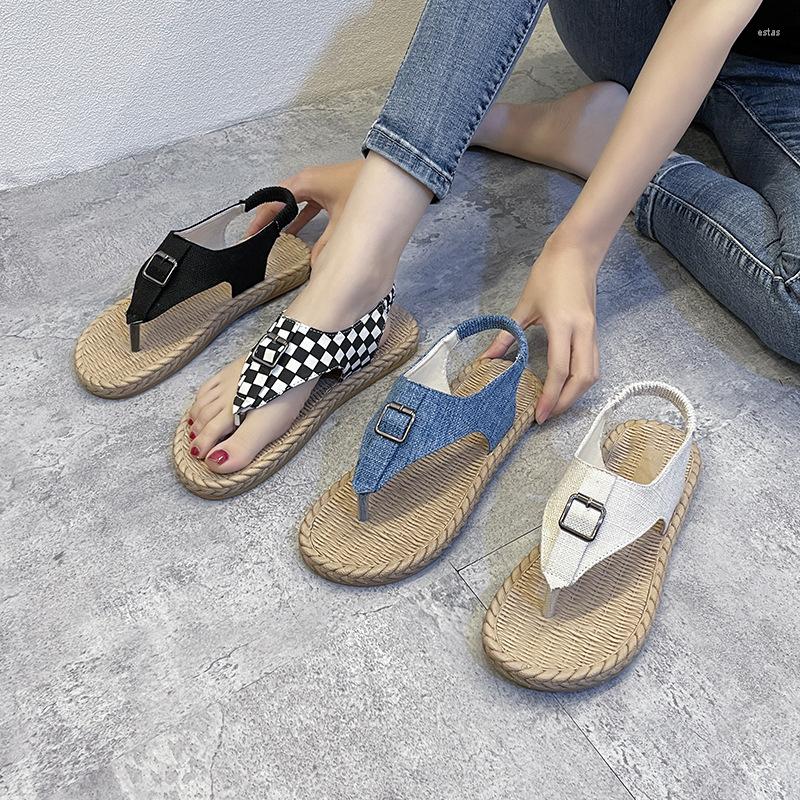 Slippers Flip Flops Sandals Canvas Belt Buckle Female Shoes Summer Clip Toe Women Flats Rome Fashion Slides