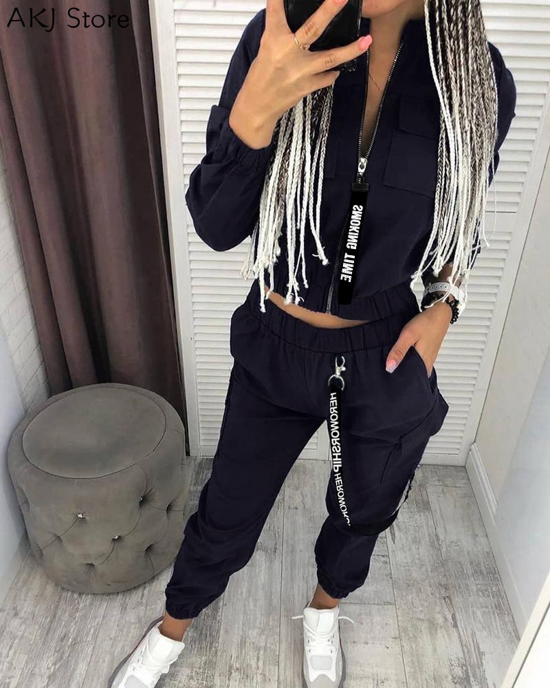 Womens Two Piece Pants Long Sleeve Zipper Tops women Streetwear Track Suit Casual Women Set 2 Pieces 220829
