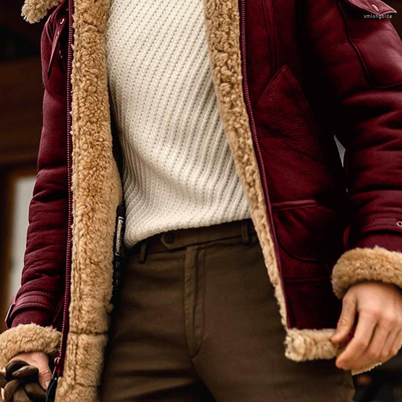 Men's Jackets Men Padded Leather Jacket Fur Lapel Collar Long Sleeve Faux Sheepskin Cashmere Thicken Coat Medieval Vintagewinter